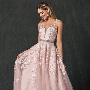 NEW LONG SLEEVELESS A-LINE POLYESTER DRESS EMBROIDERED WITH FLORAL LACE JT 224